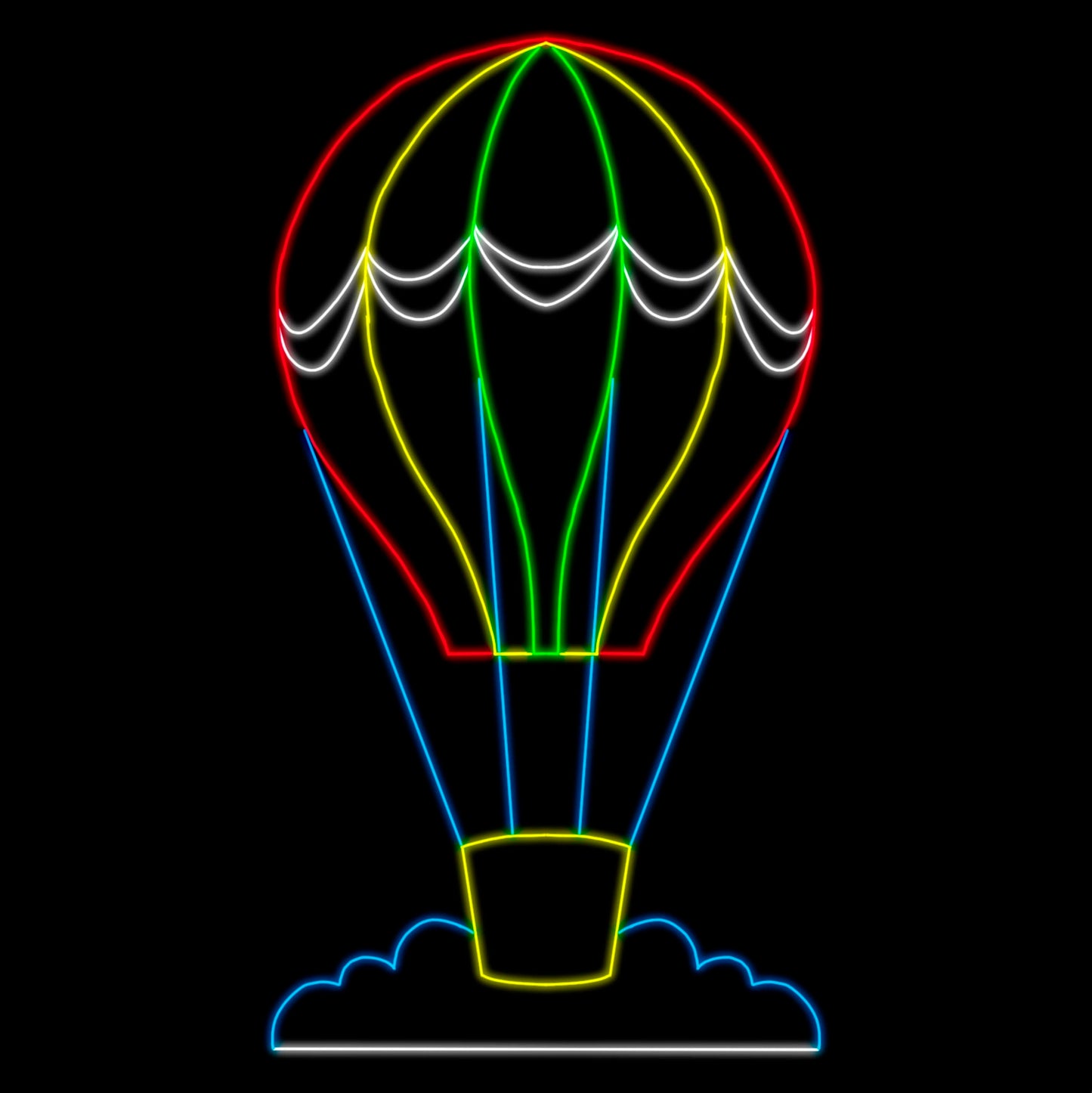 Hot Air Balloon and Basket Silhouette LED Display featuring a colorful hot air balloon with a basket,  resting on a cloud. The display is illuminated with bright red, green, yellow, blue, and white LED lights, creating a vibrant and whimsical scene against a black background. This charming and magical display is perfect for commercial Christmas decorations.