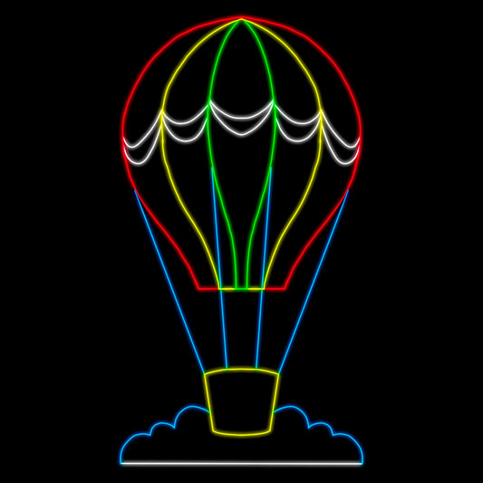 Hot Air Balloon and Basket Silhouette LED Display featuring a colorful hot air balloon with a basket,  resting on a cloud. The display is illuminated with bright red, green, yellow, blue, and white LED lights, creating a vibrant and whimsical scene against a black background. This charming and magical display is perfect for commercial Christmas decorations.