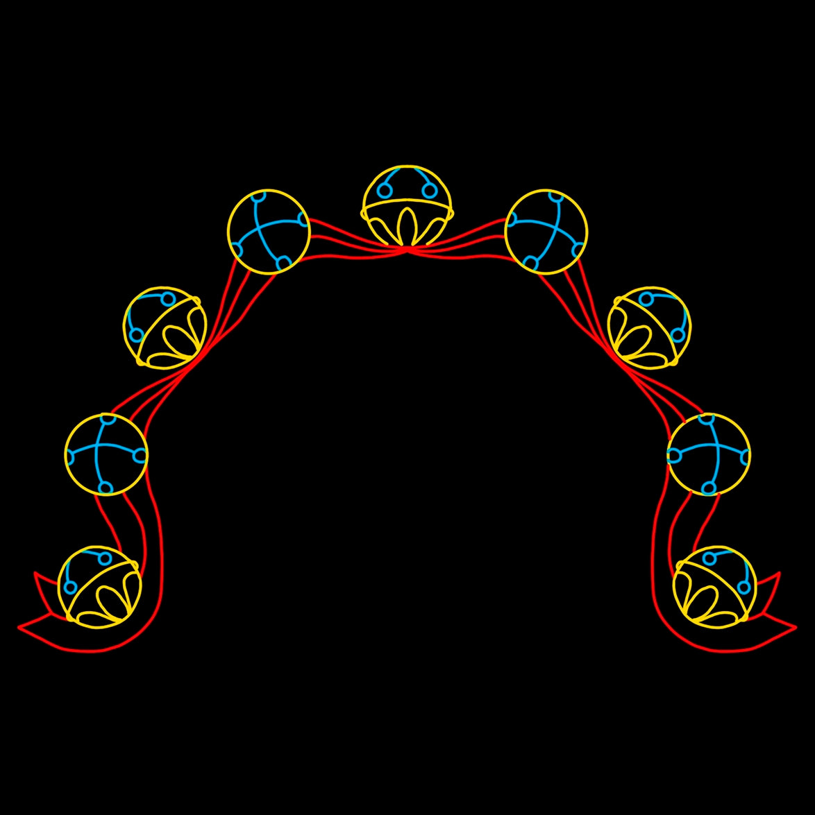 A silhouette LED display of a Christmas arch made up of six jingle bells connected by flowing Christmas red ribbons. The bells are outlined with bright yellow and blue LED lights, and the ribbons are highlighted with red LED lights, all set against a black background.