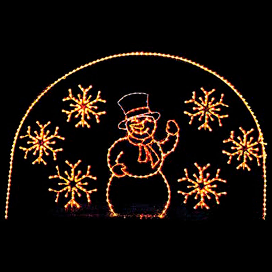 Illuminated silhouette of a jolly snowman with a flat top hat and scarf, surrounded by six glowing snowflakes in yellow LED lights, against a dark background.