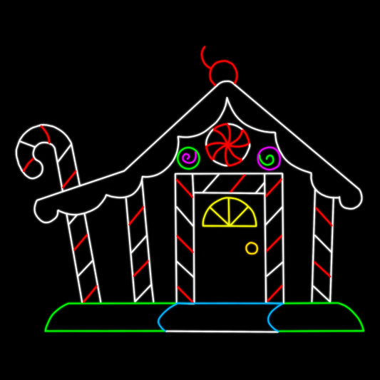 Large Gingerbread House with Candy Cane silhouette LED display featuring a charming gingerbread house adorned with colorful candy details. The display is outlined in bright red, white, green, purple, yellow, and blue LED lights. The house has candy cane pillars, a peppermint swirl above the door, and other candy decorations, all set against a black background.