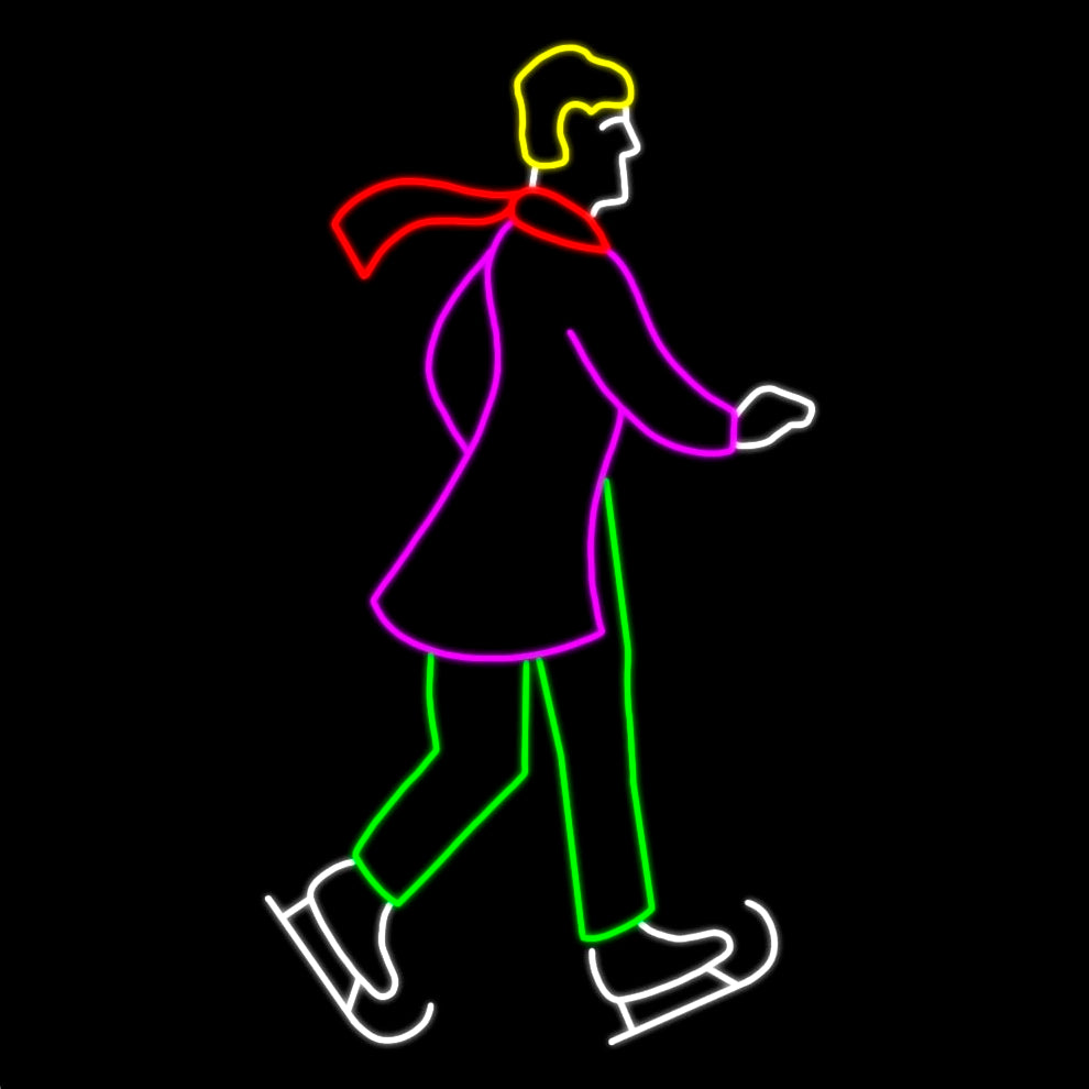 A silhouette LED display of a man ice skating, wearing a flowing red scarf and outlined with bright white, yellow, red, green, and purple LED lights, set against a black background.