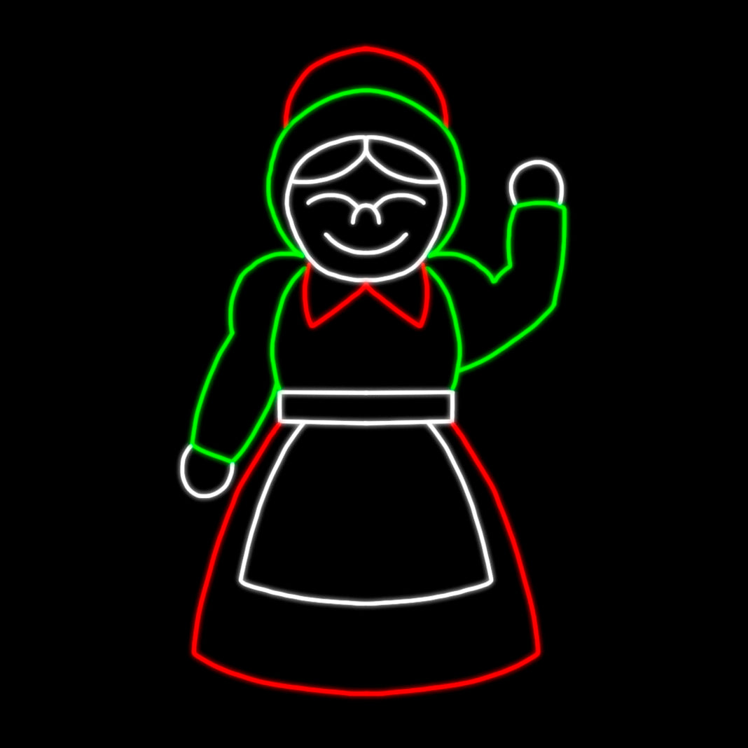 Silhouette LED Display featuring a cheerful Mrs. Claus waving. The display uses vibrant green, red, and white LED lights to outline her festive attire, including a bonnet, dress with a collar, and apron. The silhouette is set against a black background, highlighting the bright, colorful lights. Ideal for commercial Christmas decorations, perfect for businesses, theme parks, municipalities, and other large and small event venues looking to enhance their holiday events.