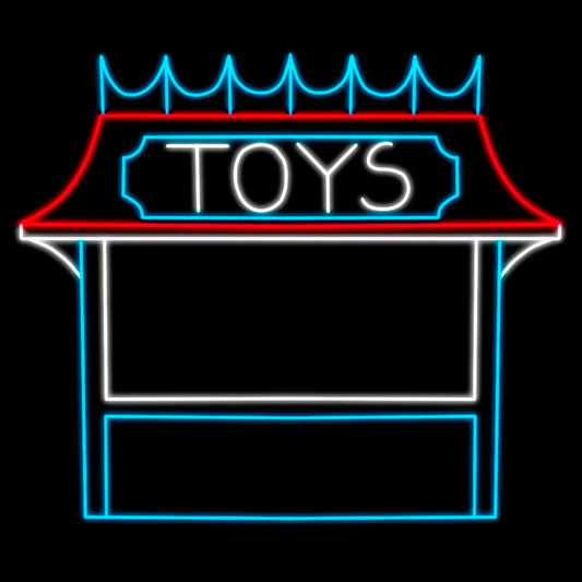 Nostalgic Toys Mall Kiosk Silhouette LED Display featuring a classic toy stand illuminated with bright red, blue, and white LED lights. The display spells out 'TOYS' and creates a warm and inviting scene against a black background. This charming and whimsical display is perfect for malls, theme parks, airports, and event venues looking to enhance their holiday events.