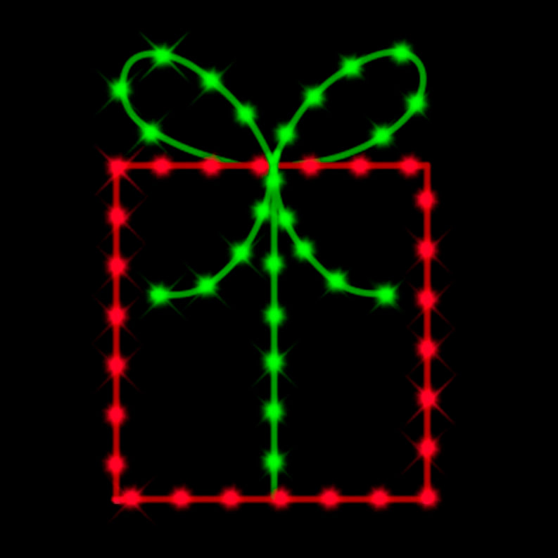 Perfect Gift with Green Bow Silhouette LED Display featuring a beautifully wrapped present with vibrant green and red LED lights. The display includes a large green gift bow, making it an ideal festive decoration for commercial Christmas settings such as businesses, theme parks, municipalities, and any large or small event venues.