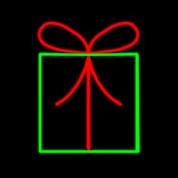 Perfect Gift with Red Bow Silhouette LED Display featuring a beautifully wrapped present with vibrant green and red LED lights. The display includes a large red gift bow, making it an ideal festive decoration for commercial Christmas settings such as businesses, theme parks, municipalities, and any large or small event venues.