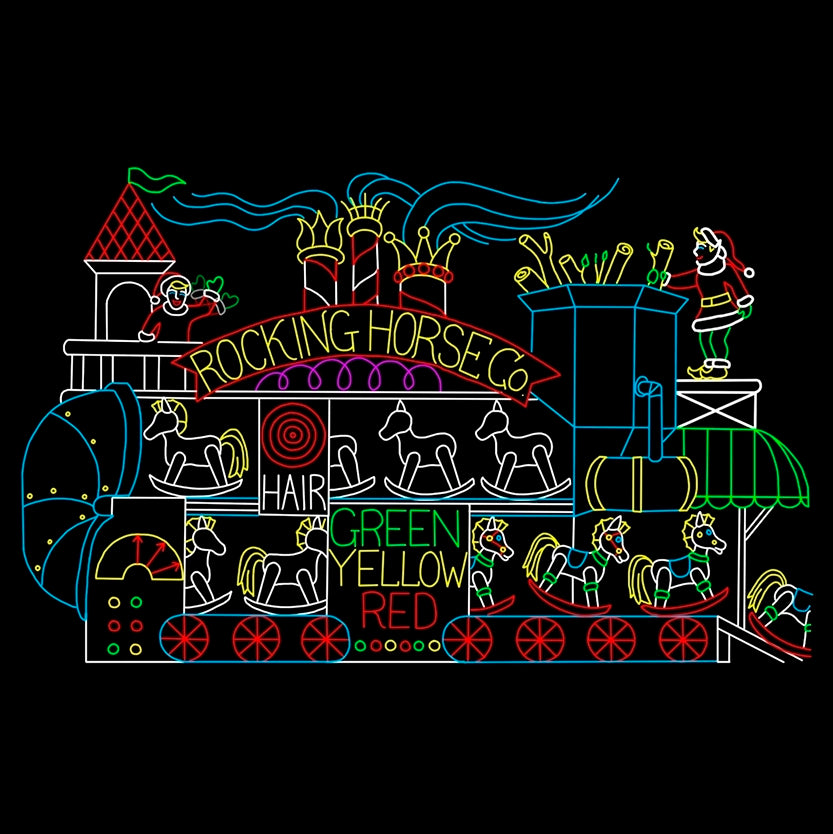 An animated silhouette LED display of a whimsical factory scene, of rocking horse center titled "Rocking Horse Co." The display includes various rocking horses, chimneys, and Santa Claus overseeing production. The scene is outlined with bright red, yellow, green, blue, and white LED lights, set against a black background.