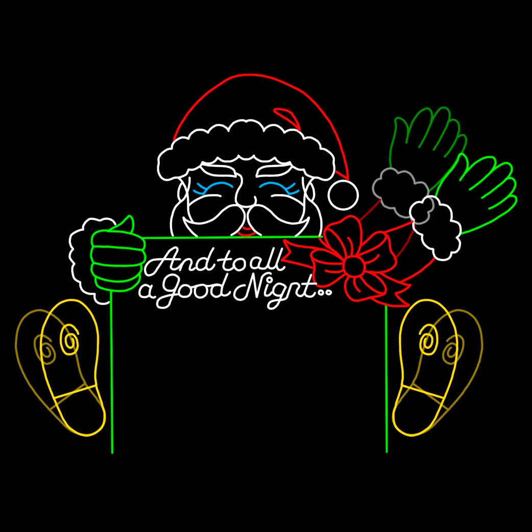 A silhouette LED display of Santa Claus sitting and waving, holding a sign that reads "And to all a Good Night." The display includes bright red, green, yellow, and white LED lights outlining Santa hat, gloves, Christmas sign, and boots, with additional decorative elements like a Christmas red bow and gift box, set against a black background.