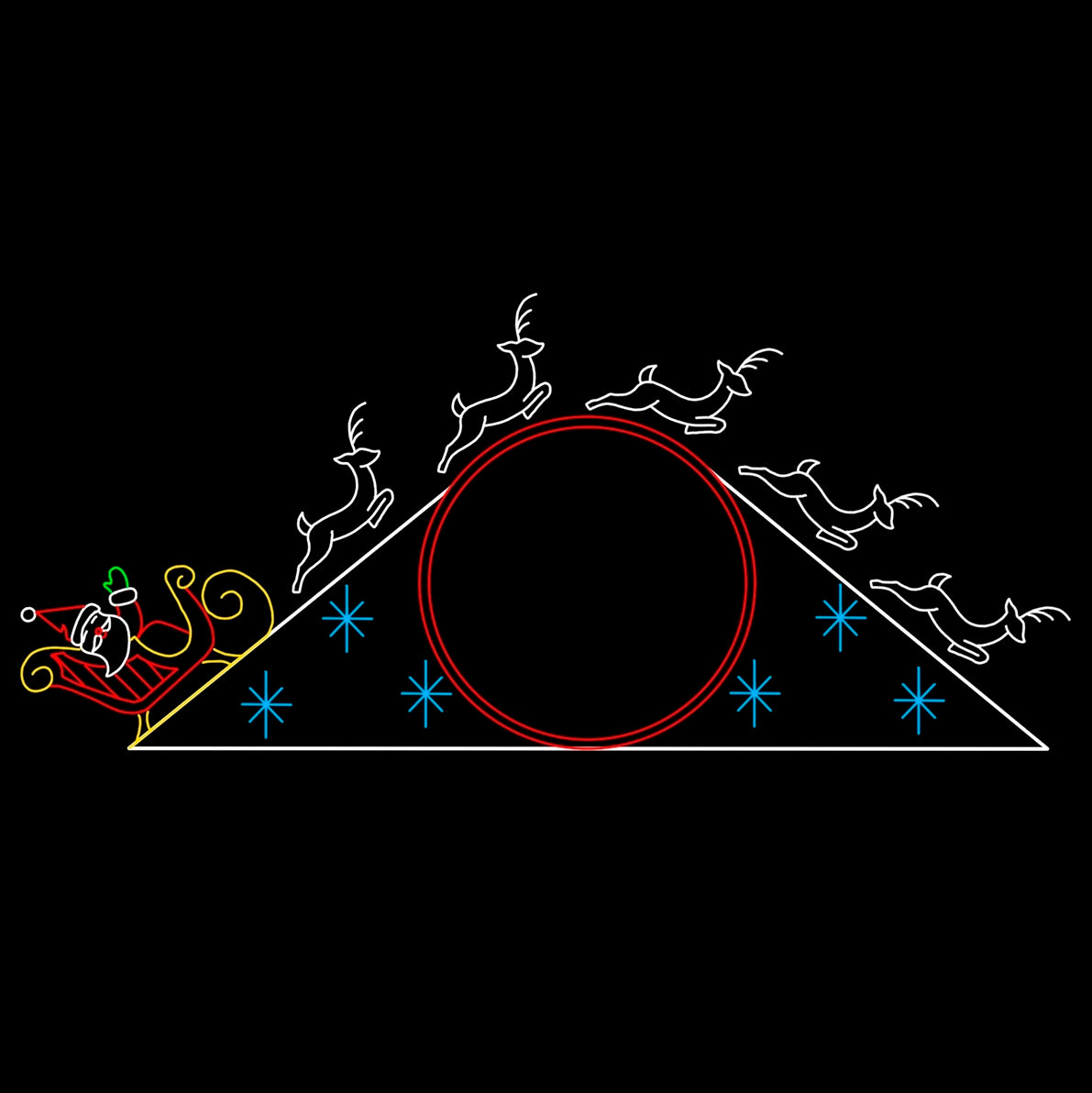 A silhouette LED display featuring Santa Claus in his sleigh pulled by five reindeer, flying over a circular sign area. The display is outlined with bright red, white, yellow, green, and blue lights, and includes a snowflake pattern set against a black background. The display has a red Santa hat, Green mittens, white reindeer, blue snowflakes, yellow and red sleigh.