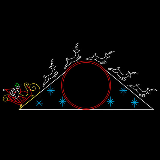 A silhouette LED display featuring Santa Claus in his sleigh pulled by five reindeer, flying over a circular sign area. The display is outlined with bright red, white, yellow, green, and blue lights, and includes a snowflake pattern set against a black background. The display has a red Santa hat, Green mittens, white reindeer, blue snowflakes, yellow and red sleigh.
