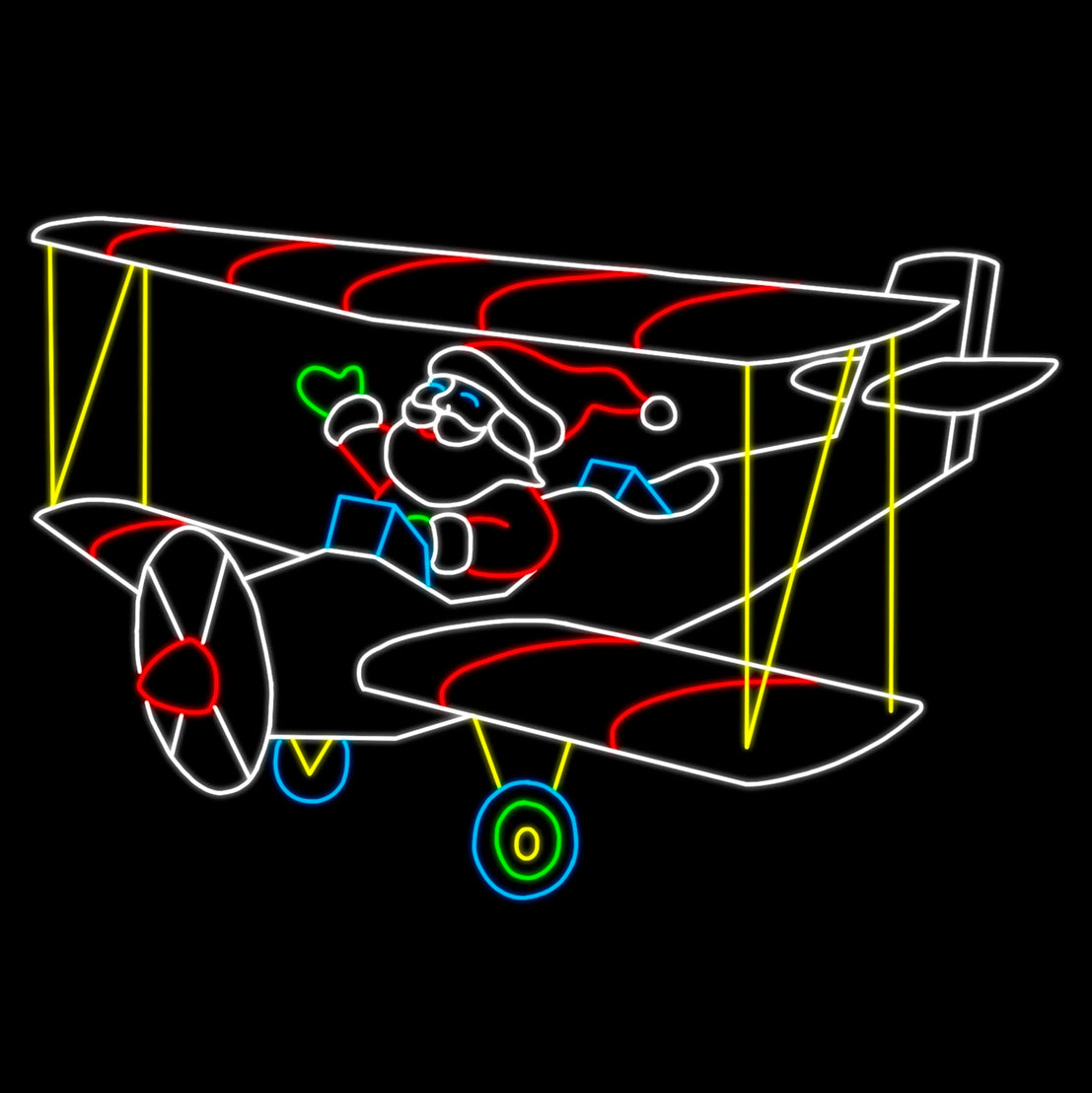 An animated silhouette LED display of Santa Claus flying a biplane. The biplane has red and white striped wings and yellow struts, with Santa waving from the cockpit and his Santa hat flowing behind him. The display is outlined with bright white, red, yellow, blue, and green LED lights, set against a black background.