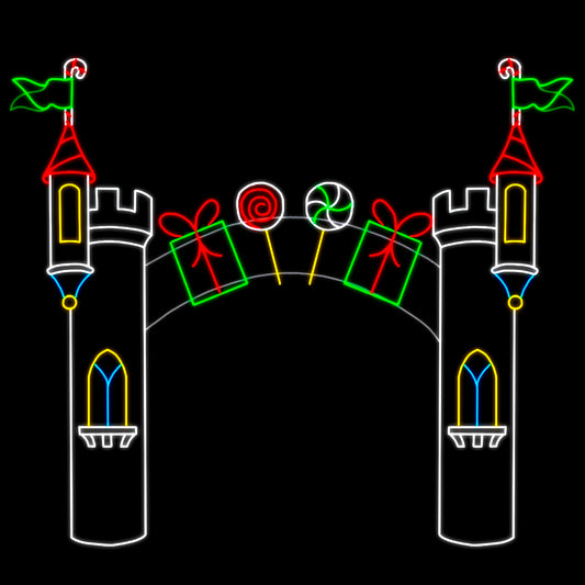 Santa's Gateway Silhouette LED Display featuring a grand gateway adorned with lollipop decorations. The display is illuminated with bright red, green, yellow, blue, and white LED lights, creating a vibrant and enchanting scene against a black background. The gateway is decorated with presents, candy canes, and festive green flags, making it a perfect entrance for other commercial Christmas decorations.