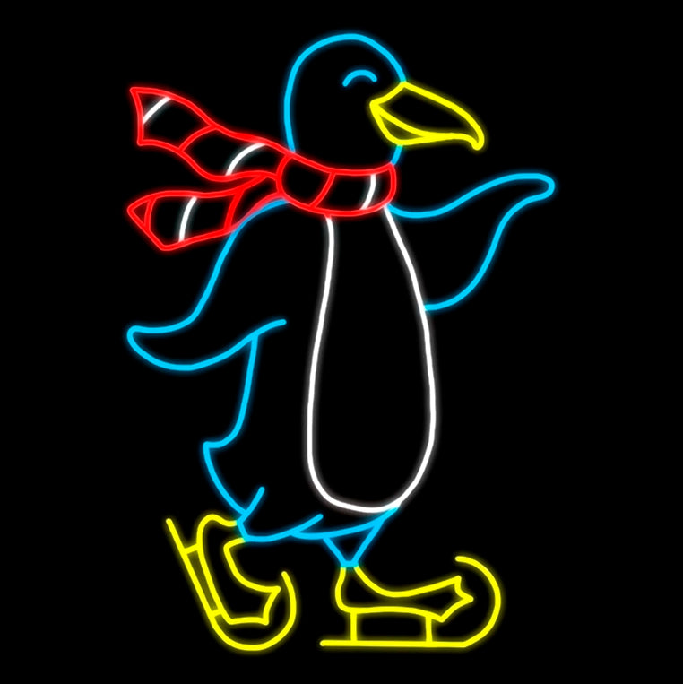 An LED silhouette of a cute penguin ice skating, outlined in bright white and blue LED lights, a white and red striped scarf, a yellow beak, and yellow ice skates, all set against a black background. A beautiful Christmas penguin decoration that will spread holiday cheer.