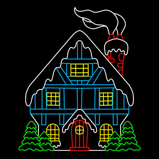 A colorful silhouette LED display of a ski house, featuring bright blue outlines for the house structure, yellow windows, a red chimney with white snow accents, and green trees in front, all set against a solid black background. The house has snow-covered roofs and a whimsical design with animated smoke coming out of the chimney.