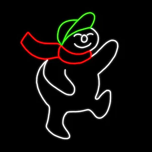 A silhouette LED display of a joyful snow-kid wearing a green hat and red scarf, outlined with bright white, green, and red LED lights, set against a black background.