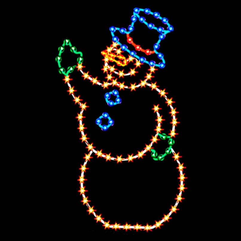 A silhouette LED display of a jolly snowman wearing a blue flat top hat and buttons, outlined with bright blue, white, green, and red LED lights, set against a black background.