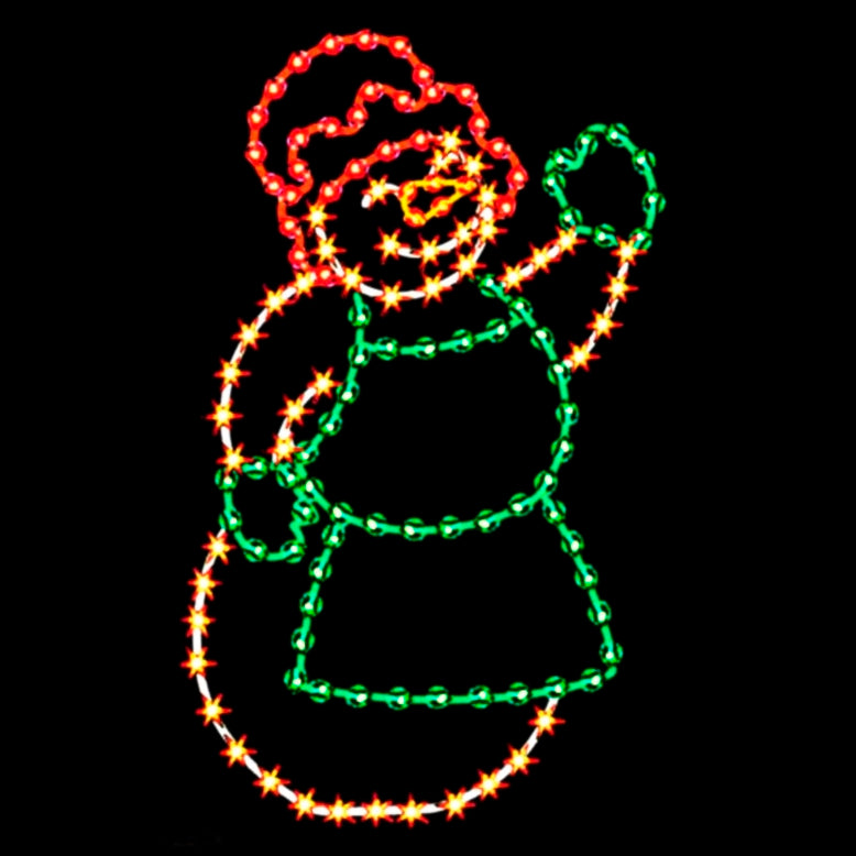 A silhouette LED display of a cheerful snow woman wearing a red hat, outlined with bright red and green LED lights, set against a black background.