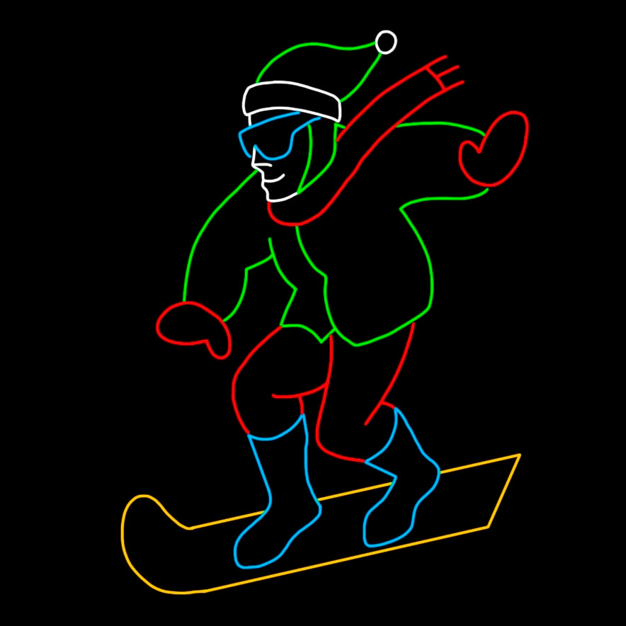 A colorful silhouette LED display of a snowboarder wearing a winter hat, scarf, mittens, and boots. The snowboarder is depicted in vibrant colors against a black background, creating a festive and dynamic appearance. The design uses green, white, blue, yellow, and red LED lights to outline the snowboarder in action, adding a playful holiday theme to the winter sports figure.