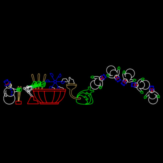 Snowman decoration featuring snowmen in vibrant yellow, green, white, red and purple LED lights. One snowman with green mittens and a purple flat top hat is standing next to a large red bowl filled with snow. More snowmen are forming and being ejected into the air. The perfect Christmas centerpiece for a magical holiday ambiance.