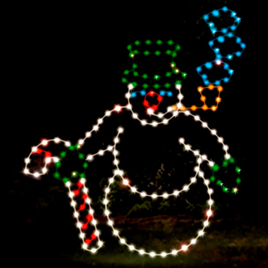 Colorful LED display of a snowman with a green, flat top hat, orange corn cob pipe, and candy cane, glowing brightly against a dark background. The perfect Christmas centerpiece for a magical holiday ambiance.