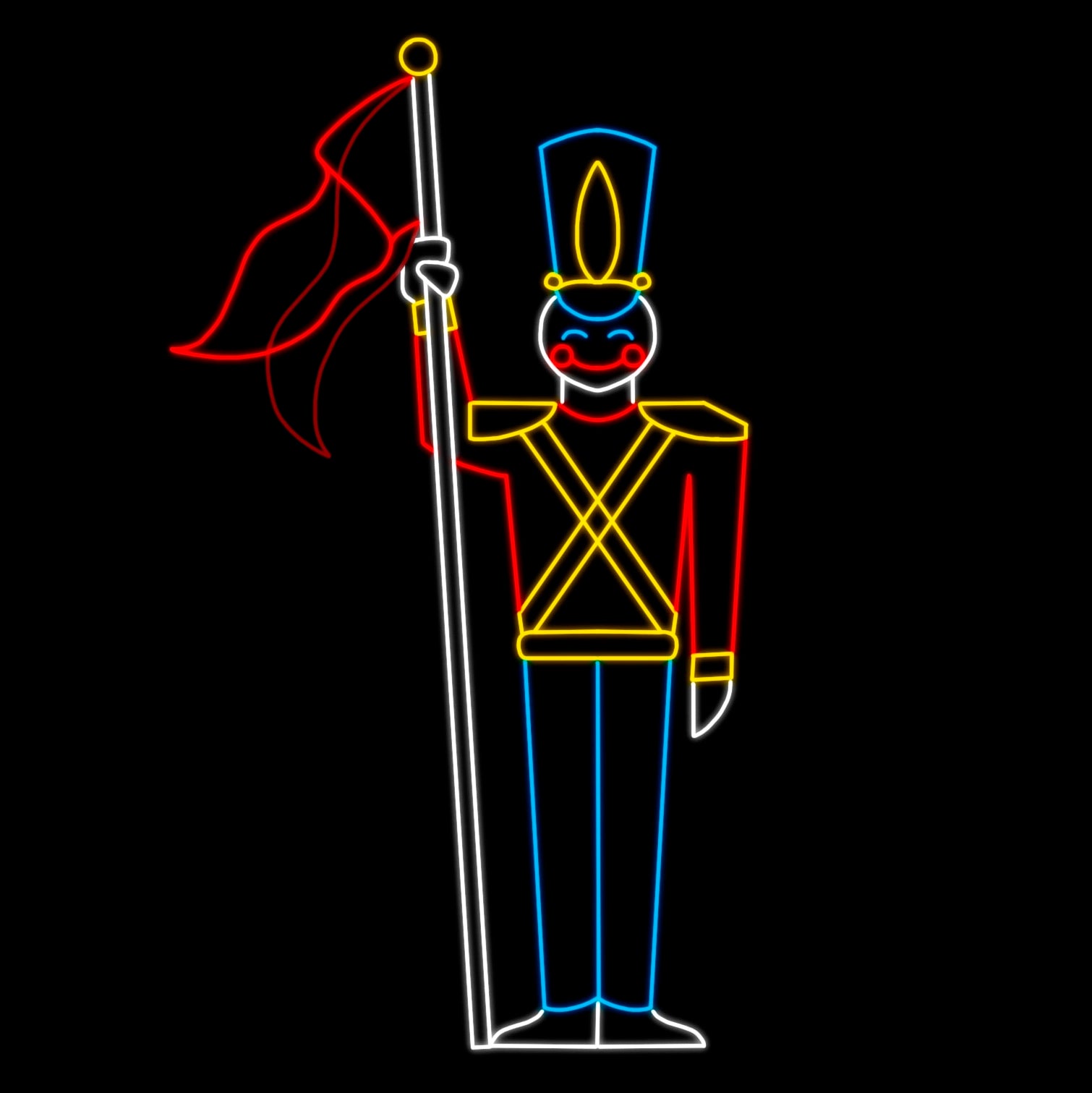 An animated silhouette LED display of a toy soldier holding a staff with a flag. The soldier is dressed in a colorful uniform with a tall blue hat, red jacket, yellow accents, and blue pants. The display is outlined with bright red, yellow, white, and blue LED lights, set against a black background.