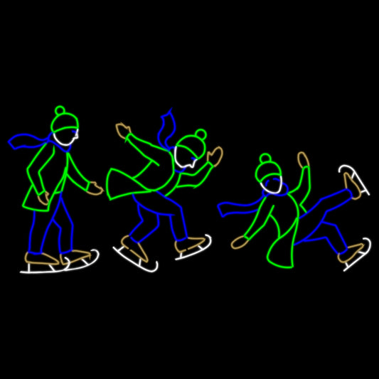Silhouette LED display of three skaters in winter attire: the first skater is gliding gracefully, the second is attempting to balance, and the third is humorously falling. The display uses vibrant green, white, and blue LED lights against a black background, capturing a playful ice-skating scene.