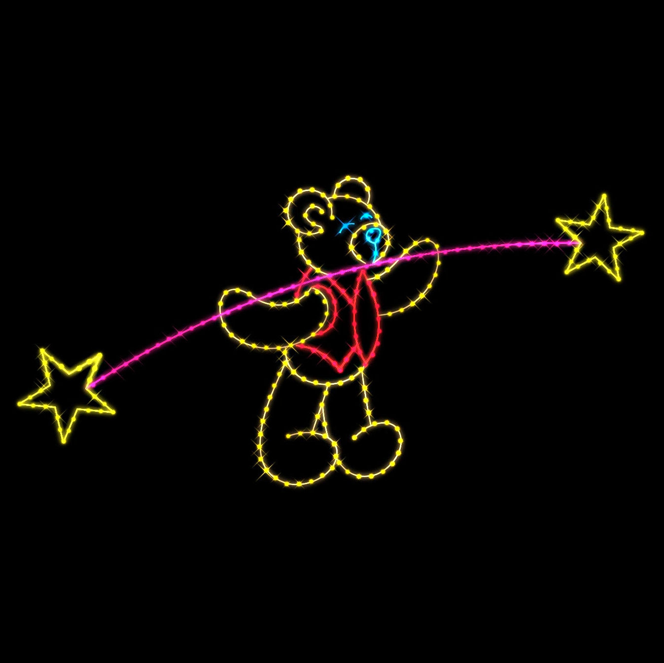 Tightrope Teddy Bear, bright and playful LED silhouette display of a bear walking on a tightrope, featuring vibrant yellow lights outlining the bear's body and a red vest. The bear balances on a pink tightrope with yellow stars at each end, creating a whimsical scene against a black background. The display's cheerful design, featuring C7 Christmas lights, is perfect for adding a festive touch to any setting.