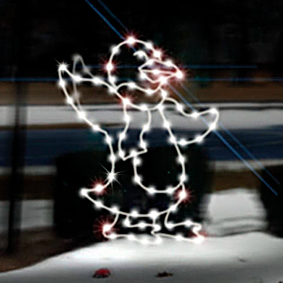 Silhouette of a cute penguin illuminated with vibrant C7 LED Christmas lights. The penguin appears to be in a joyful pose, with its wings outstretched and a cheerful expression. The lights are arranged to outline the penguin's shape in bright colors, making it stand out against the dark background. The penguin is positioned on a snow-covered surface, adding a seasonal touch to the display, perfect for holiday decorations and winter-themed events.