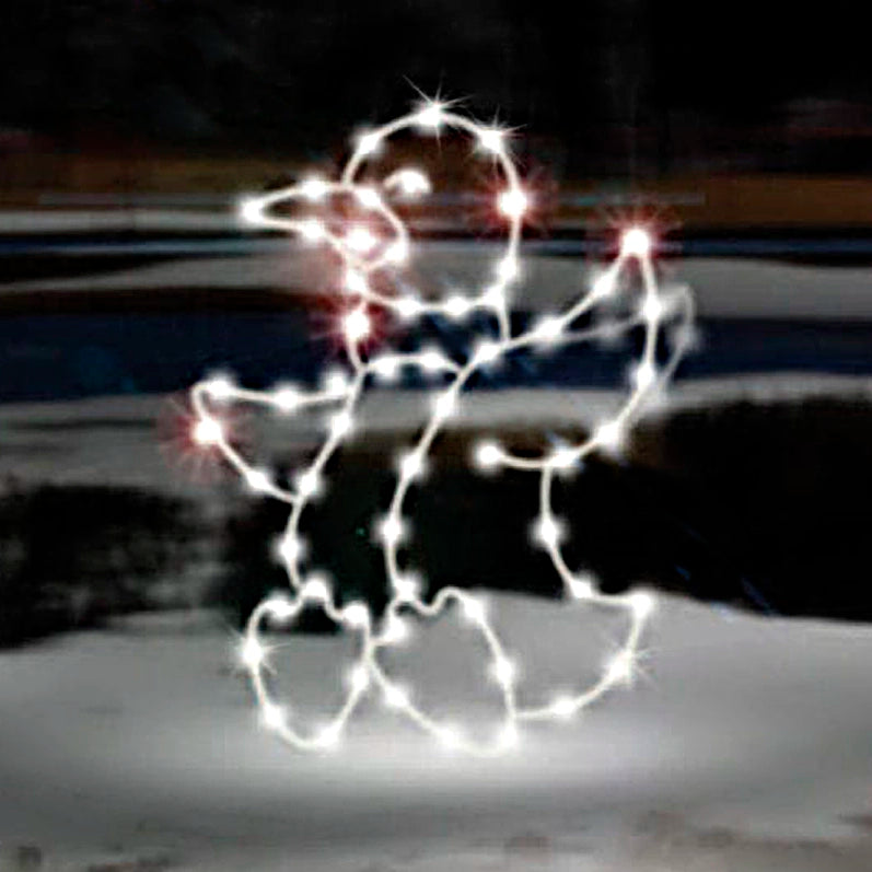 A charming silhouette LED display of a cute penguin, outlined in bright white LED lights. The penguin is depicted standing with its wings slightly raised, appearing joyful. It is positioned on a solid base, and the display is set against a dark background, highlighting the vibrant illumination of the penguin figure.
