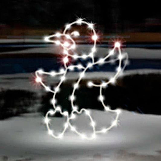 A charming silhouette LED display of a cute penguin, outlined in bright white LED lights. The penguin is depicted standing with its wings slightly raised, appearing joyful. It is positioned on a solid base, and the display is set against a dark background, highlighting the vibrant illumination of the penguin figure.
