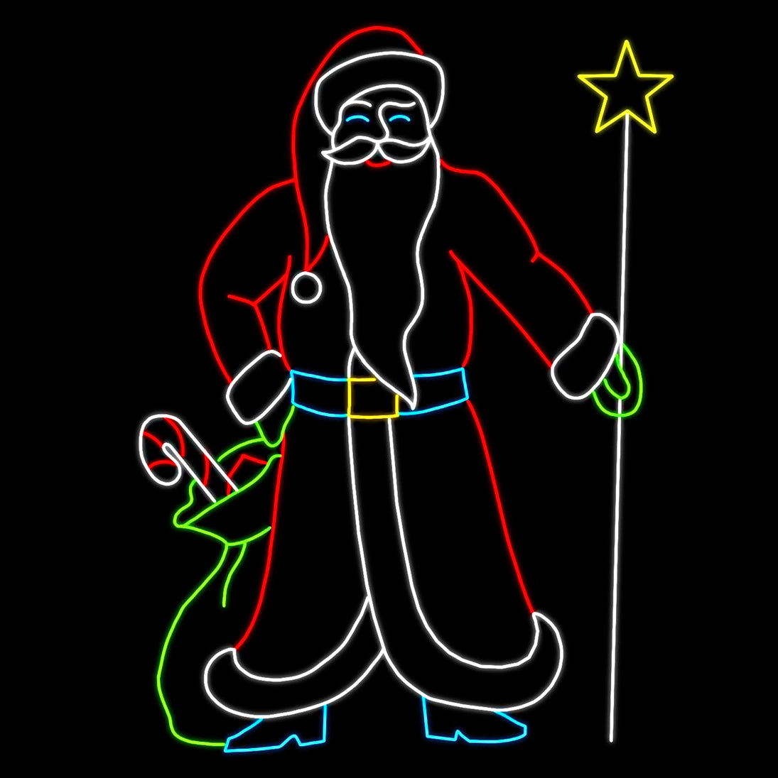 A bright LED silhouette display of a Victorian-style Santa Claus. Dressed in a traditional red suit with the familiar long flowing beard of Santa Claus, holding a star-topped staff in one hand. His other hand rests on a green sack filled with holiday treats, including a candy cane. The display features vibrant red, yellow, green, white, and blue LED lights, creating a classic and festive look against a dark background.