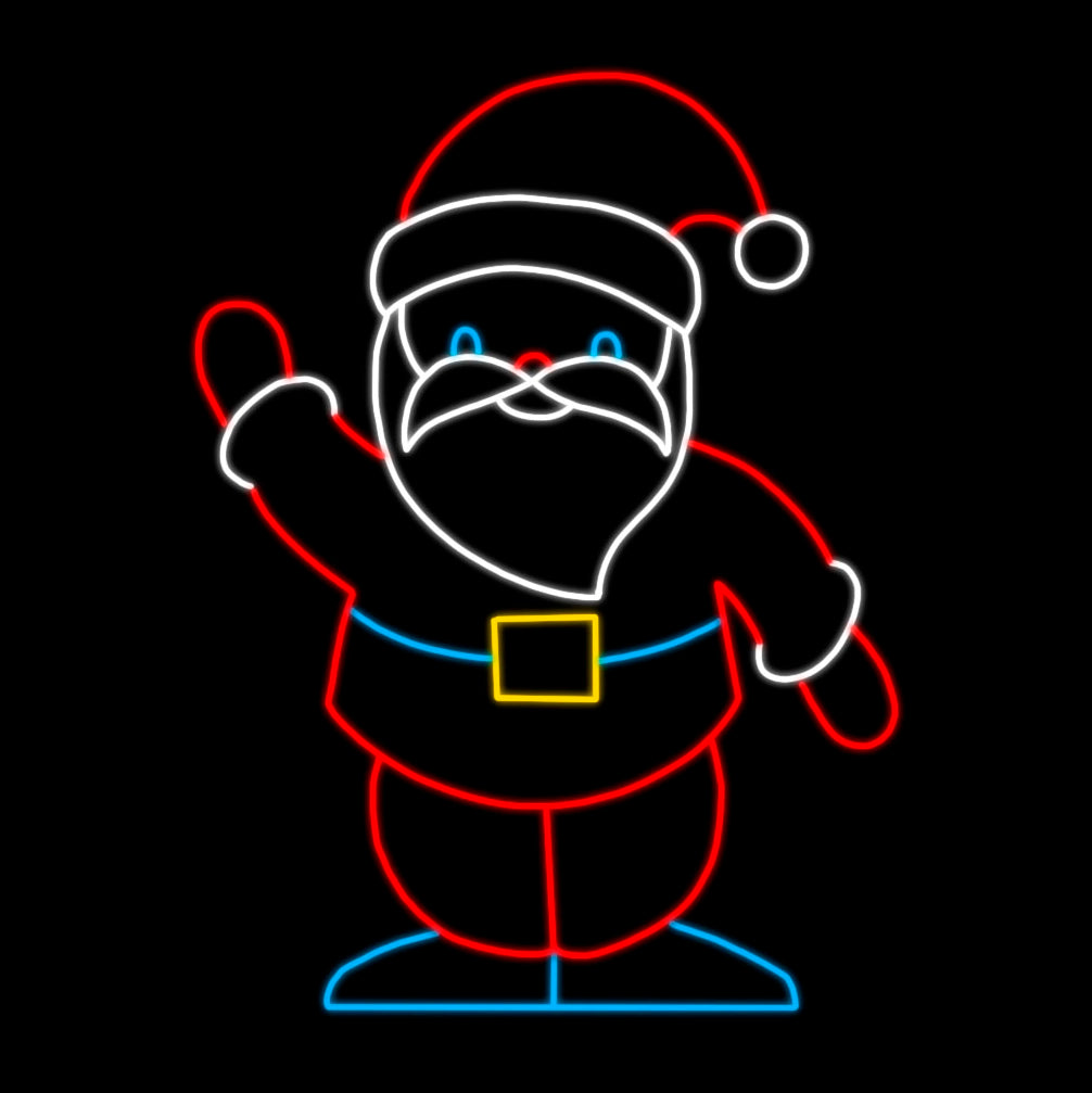 A vibrant LED silhouette display of Santa Claus, outlined in various colors. Santa is waving with his right hand, dressed in a traditional outfit featuring a red Santa coat, white beard, blue Santa boots, and a yellow Santa belt buckle. The background is pitch black, highlighting the bright and cheerful design of the figure.