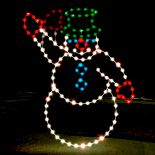A brightly lit silhouette of a waving snowman made from LED lights. The snowman has a green flat top hat, red mittens, blue buttons, and a red nose, creating a cheerful holiday display against a dark background.