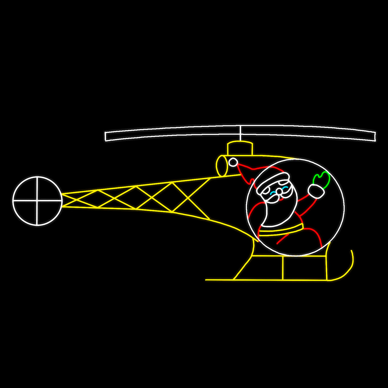 Whirlybird Santa Sleigh Silhouette LED Display featuring Santa Claus flying an old-style 50’s helicopter, illuminated with vibrant blue, yellow, white, green, and red LED lights. Perfect for businesses, theme parks, municipalities, and event venues looking for unique Christmas decorations.