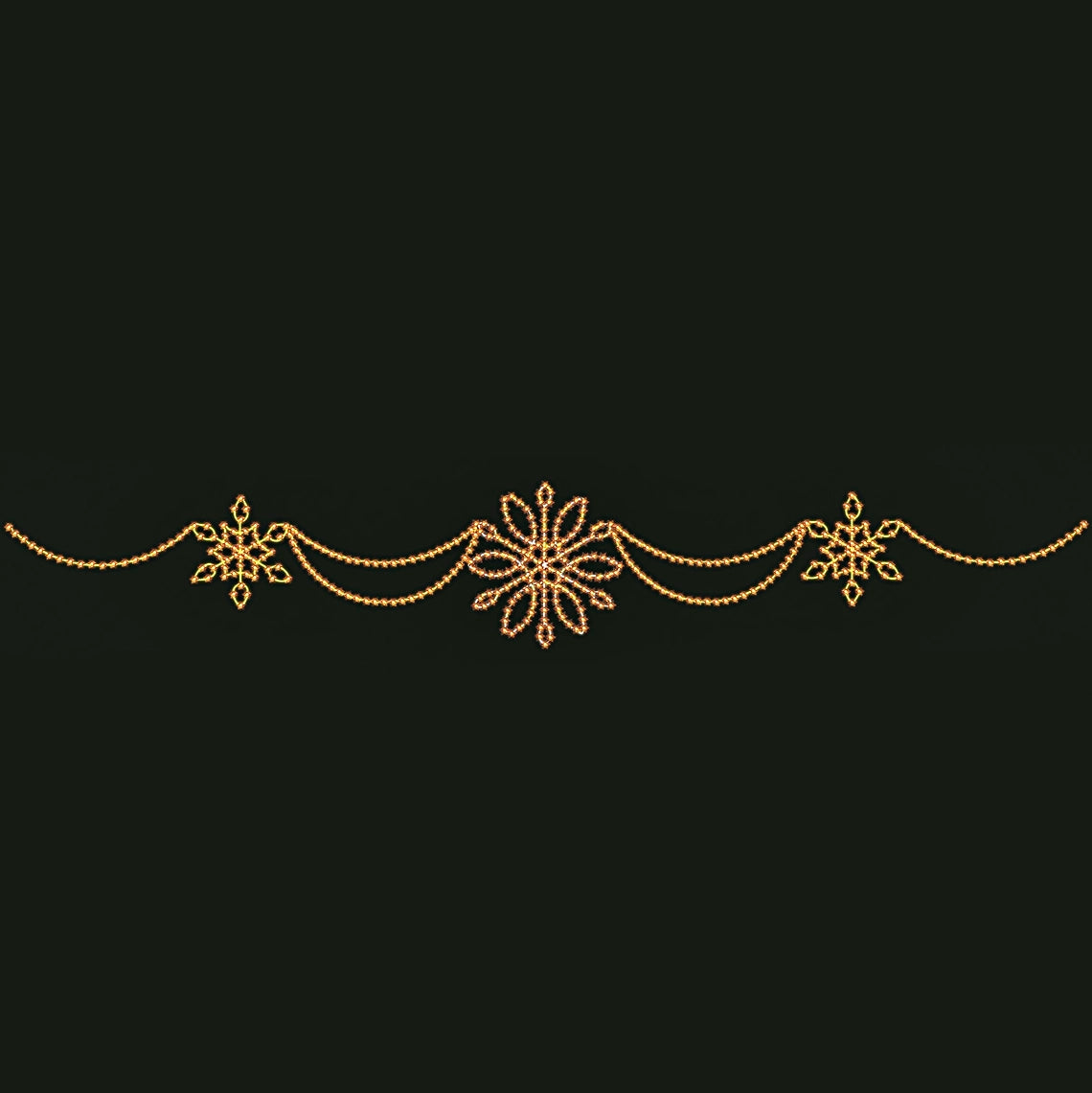 Silhouette of a golden snowflake decoration on a dark background with an ornate, snowflake pattern and LED lights connecting the central and side snowflakes.