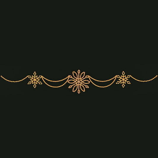 Silhouette of a golden snowflake decoration on a dark background with an ornate, snowflake pattern and LED lights connecting the central and side snowflakes.