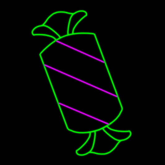 A silhouette LED display of a wrapped candy, outlined with bright green and purple LED lights, set against a black background.