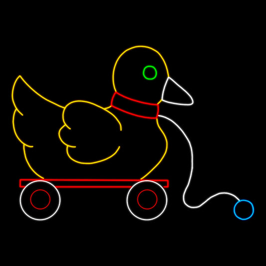 Yellow Duck Toy on Little Red Wagon Silhouette LED Display featuring a classic toy duck on a toy wagon. The display is illuminated with bright yellow, red, green, white, and blue LED lights, creating a whimsical and festive scene against a black background. The duck is yellow with a white beak and a white pull string. The red wagon has white wheels.