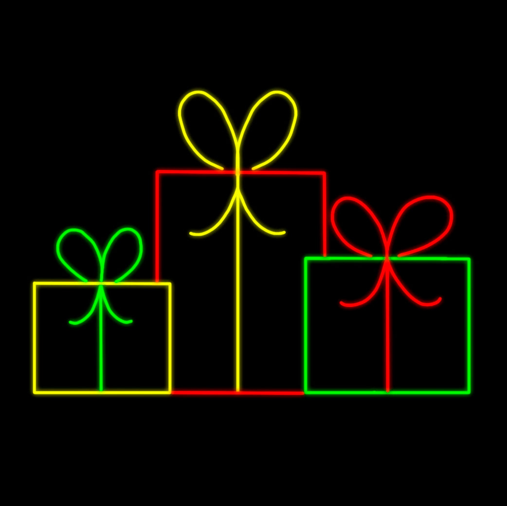 Yellow, Green, and Red Gifts Silhouette LED Display featuring a cluster of three beautifully wrapped presents illuminated with vibrant yellow, green, and red LED lights. Ideal for commercial Christmas settings such as businesses, theme parks, municipalities, and other large and small event venues.