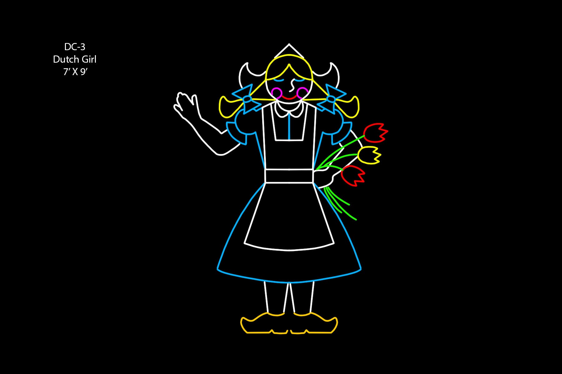 Colorful Dutch Girl LED Silhouette, 7 feet by 9 feet, featuring 273 C7 LED bulbs with a bouquet of tulips, perfect for festive holiday displays.