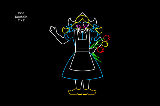 Colorful Dutch Girl LED Silhouette, 7 feet by 9 feet, featuring 273 C7 LED bulbs with a bouquet of tulips, perfect for festive holiday displays.