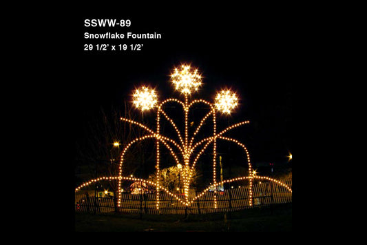 Animated Snowflake Fountain LED Silhouette, 29.5 feet by 19.5 feet, featuring 650 C7 LED bulbs, perfect for creating a dynamic holiday display.